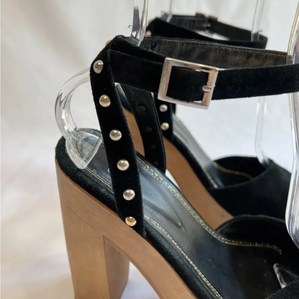 Maje Black Suede High Heels Women's EU 40 US 9‎ Open Toe Platform Block Studded